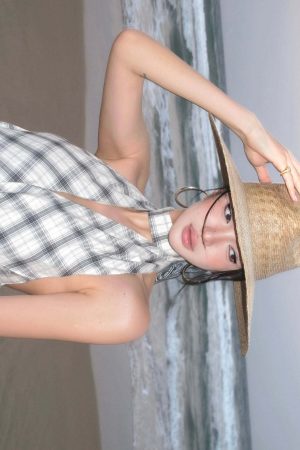 ROVENTE Draped Plaid Halter Top with Open Back