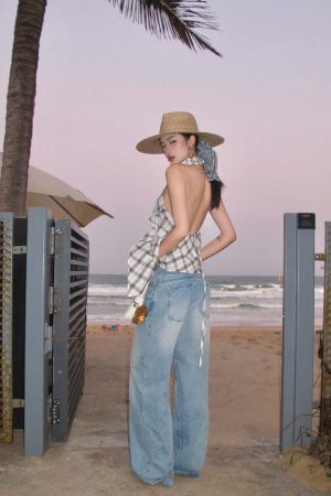 ROVENTE Draped Plaid Halter Top with Open Back