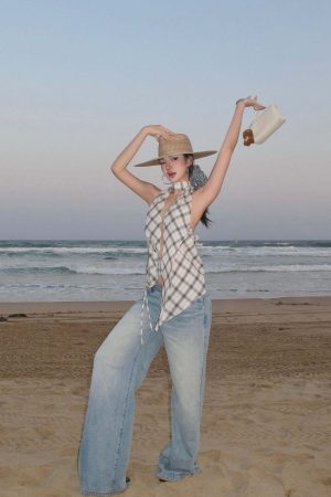 ROVENTE Draped Plaid Halter Top with Open Back