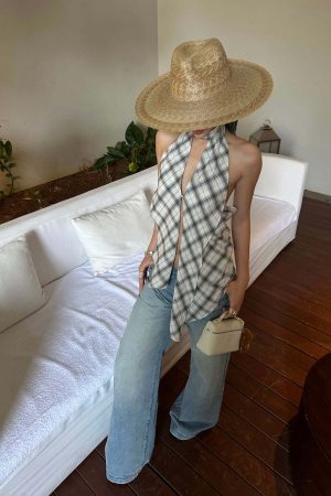 ROVENTE Draped Plaid Halter Top with Open Back