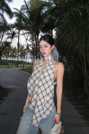 ROVENTE Draped Plaid Halter Top with Open Back