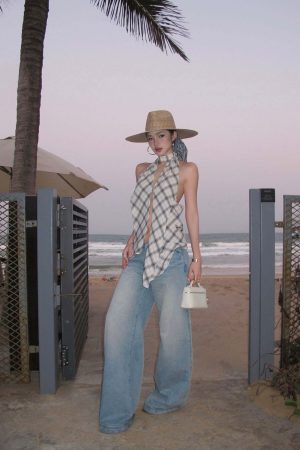 ROVENTE Draped Plaid Halter Top with Open Back