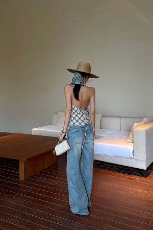 ROVENTE Draped Plaid Halter Top with Open Back