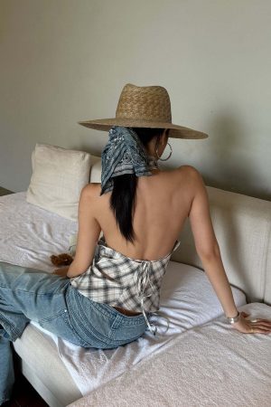 ROVENTE Draped Plaid Halter Top with Open Back