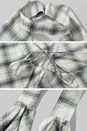 ROVENTE Draped Plaid Halter Top with Open Back