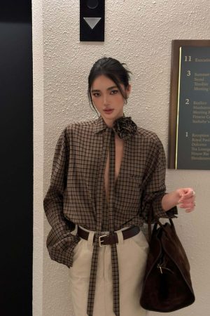 ROVENTE Draped Rose Check Shirt