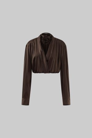 ROVENTE Draped Satin Crop Blouse with Removable Rose Choker