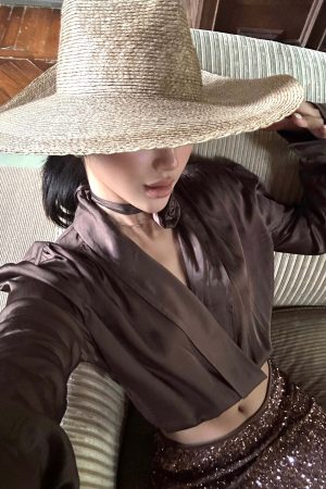 ROVENTE Draped Satin Crop Blouse with Removable Rose Choker