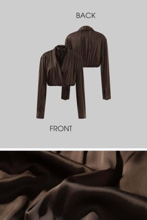 ROVENTE Draped Satin Crop Blouse with Removable Rose Choker