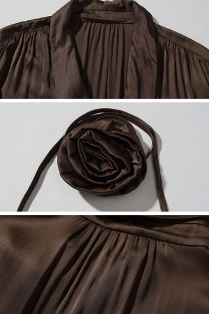 ROVENTE Draped Satin Crop Blouse with Removable Rose Choker