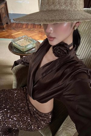 ROVENTE Draped Satin Crop Blouse with Removable Rose Choker