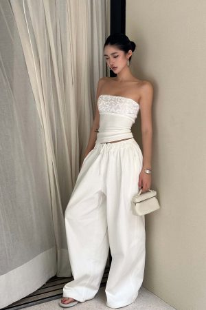 ROVENTE Drawstring Wide-Leg Trousers in White