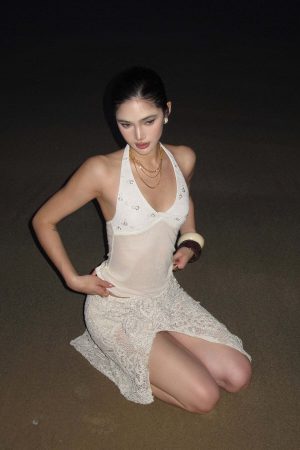 ROVENTE Embellished Halter Knit-Panel Top with Sheer Mesh Contrast