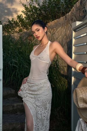 ROVENTE Embellished Halter Knit-Panel Top with Sheer Mesh Contrast