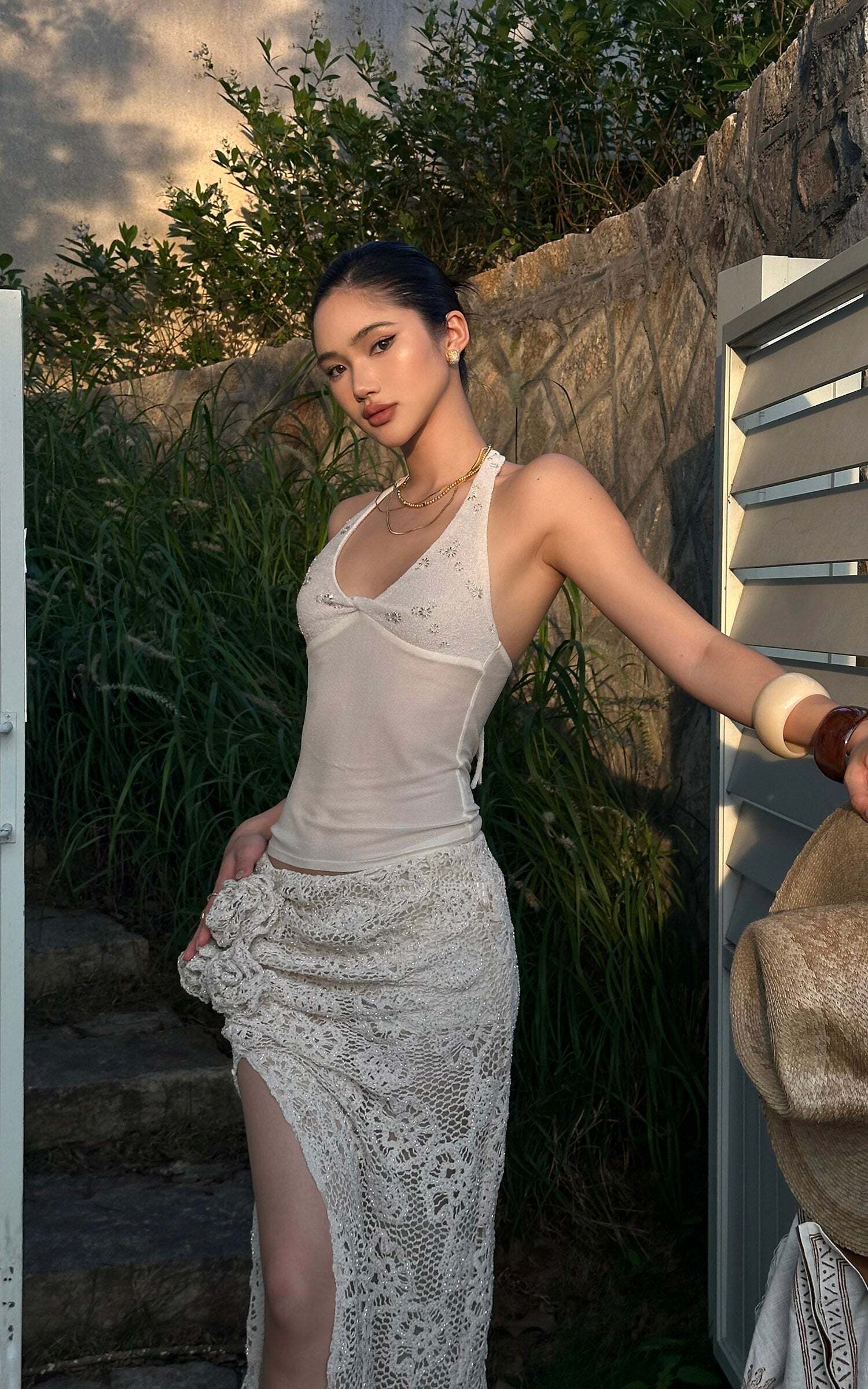 ROVENTE Embellished Halter Knit-Panel Top with Sheer Mesh Contrast ROVENTE Embellished Halter Knit-Panel Top with Sheer Mesh Contrast