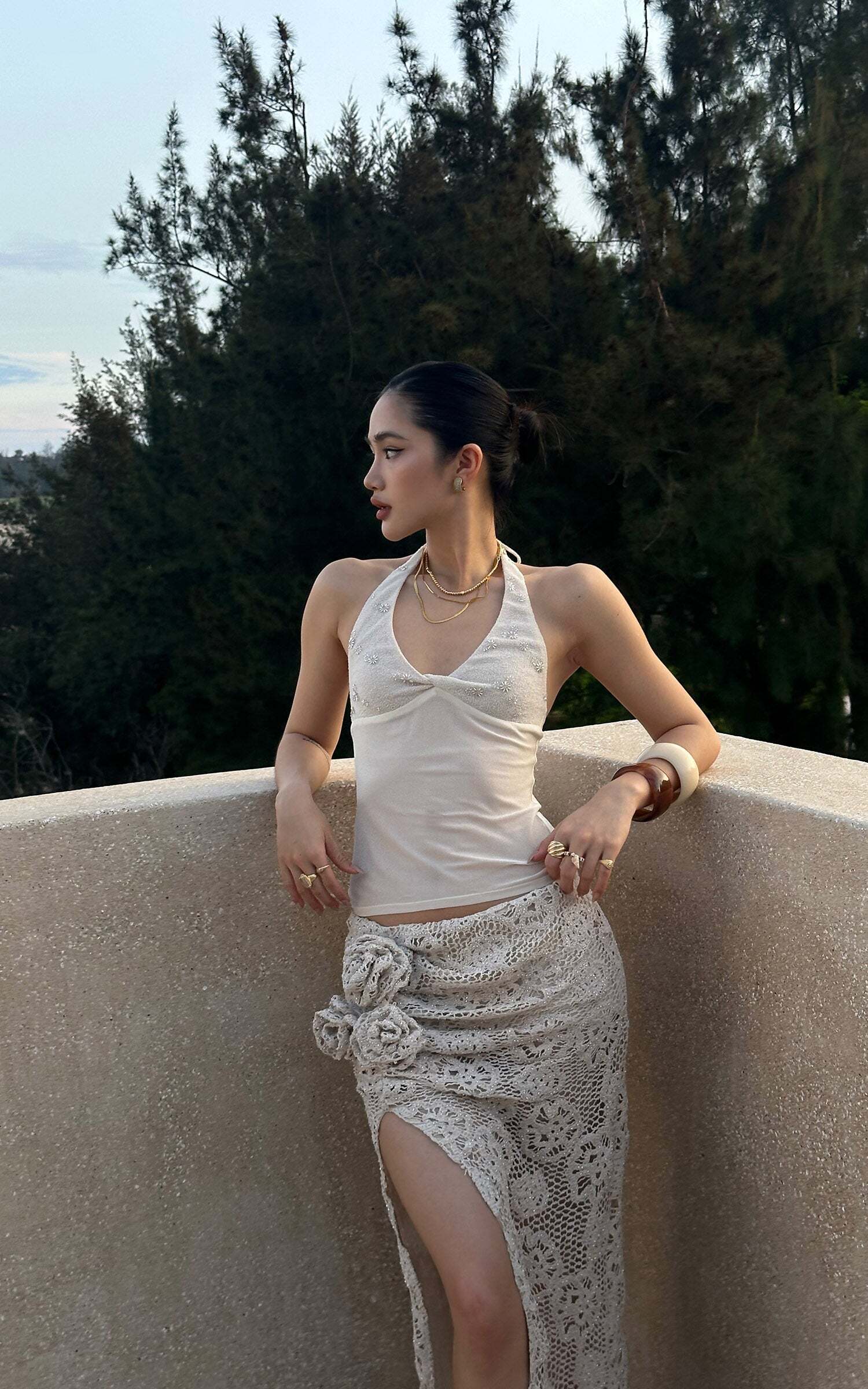 ROVENTE Embellished Halter Knit-Panel Top with Sheer Mesh Contrast ROVENTE Embellished Halter Knit-Panel Top with Sheer Mesh Contrast