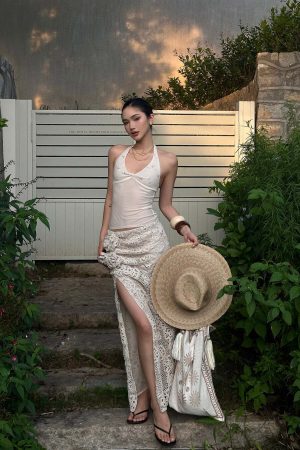 ROVENTE Embellished Halter Knit-Panel Top with Sheer Mesh Contrast