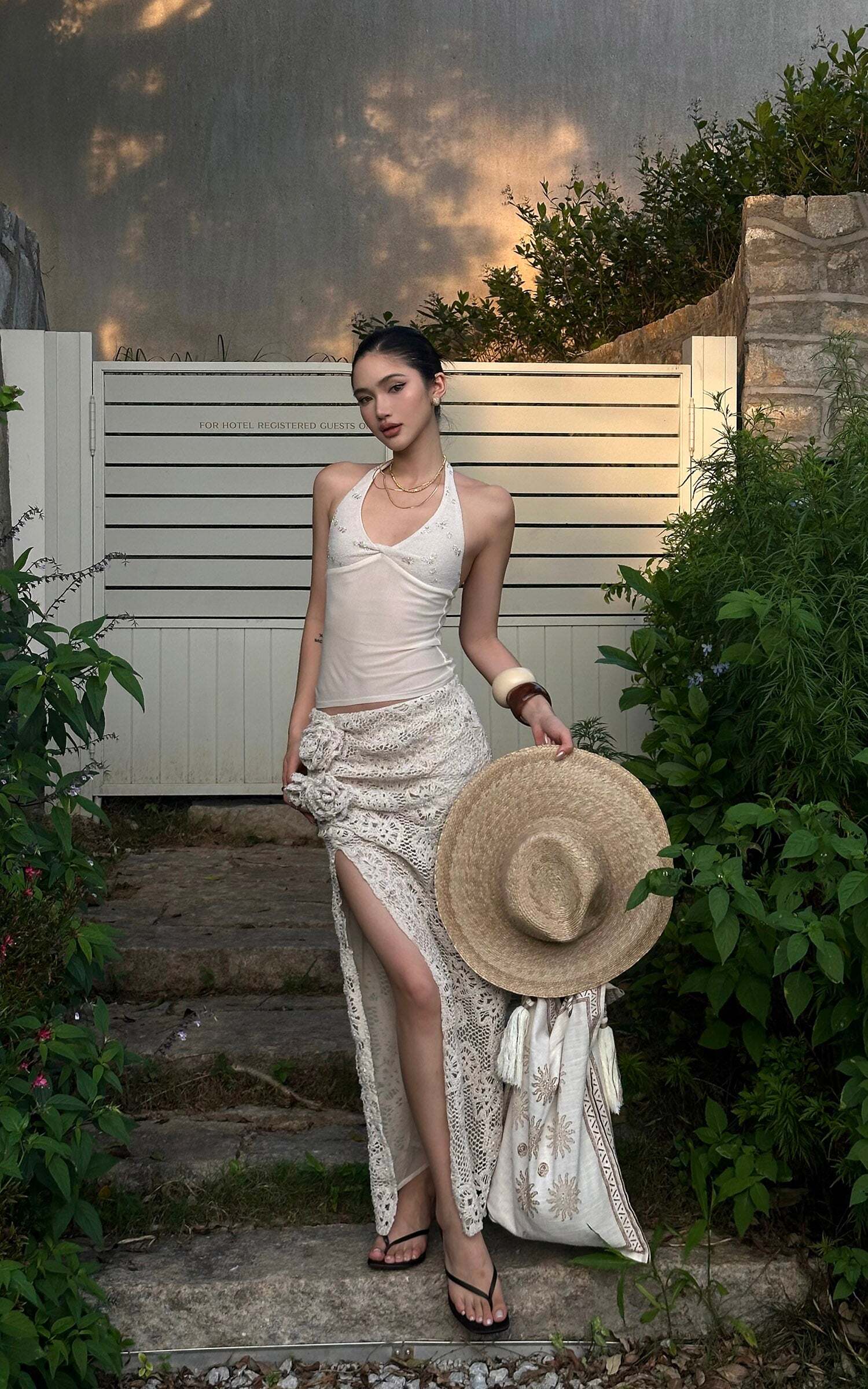 ROVENTE Embellished Halter Knit-Panel Top with Sheer Mesh Contrast ROVENTE Embellished Halter Knit-Panel Top with Sheer Mesh Contrast