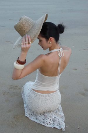 ROVENTE Embellished Halter Knit-Panel Top with Sheer Mesh Contrast