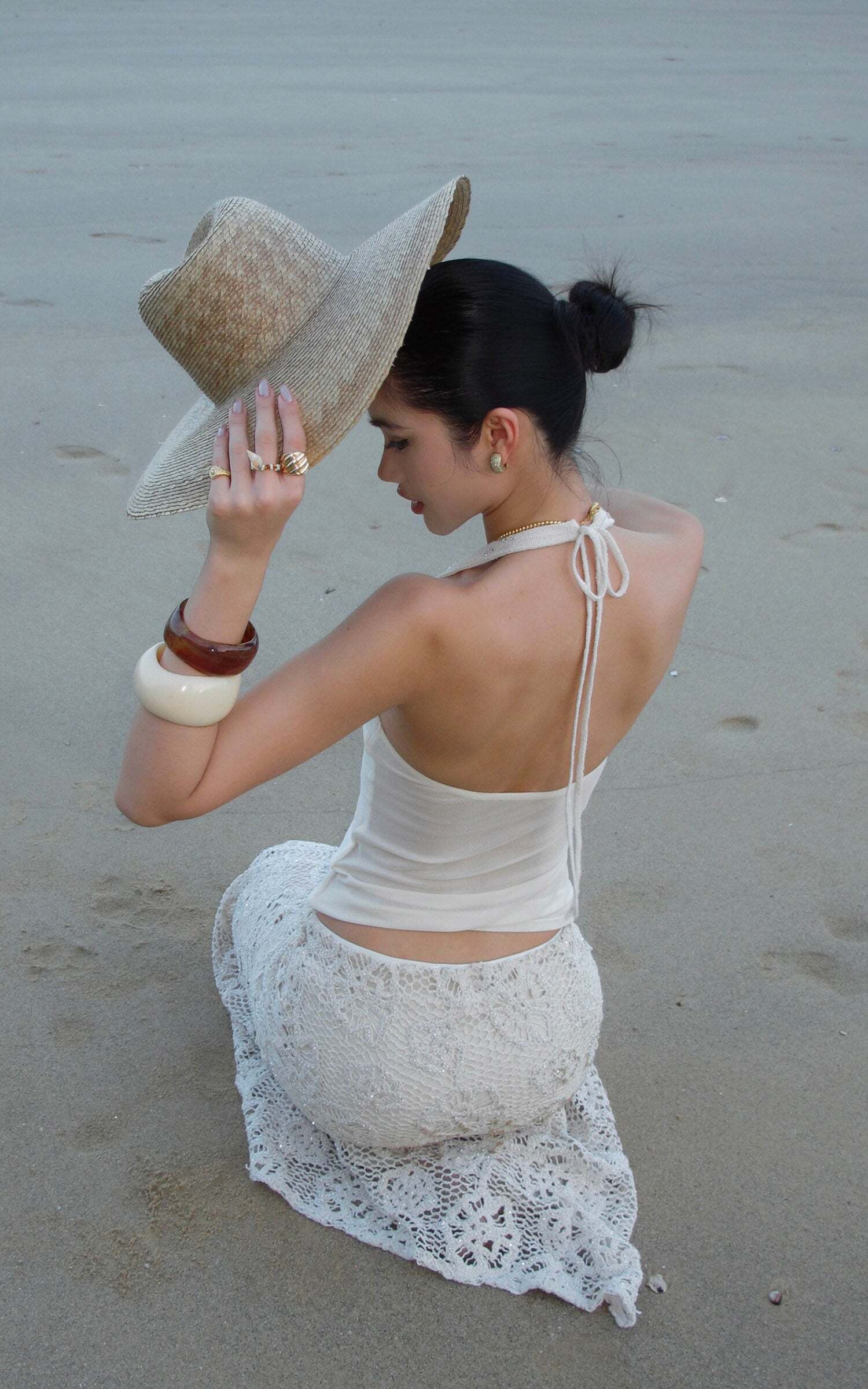 ROVENTE Embellished Halter Knit-Panel Top with Sheer Mesh Contrast ROVENTE Embellished Halter Knit-Panel Top with Sheer Mesh Contrast