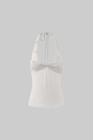 ROVENTE Embellished Halter Knit-Panel Top with Sheer Mesh Contrast