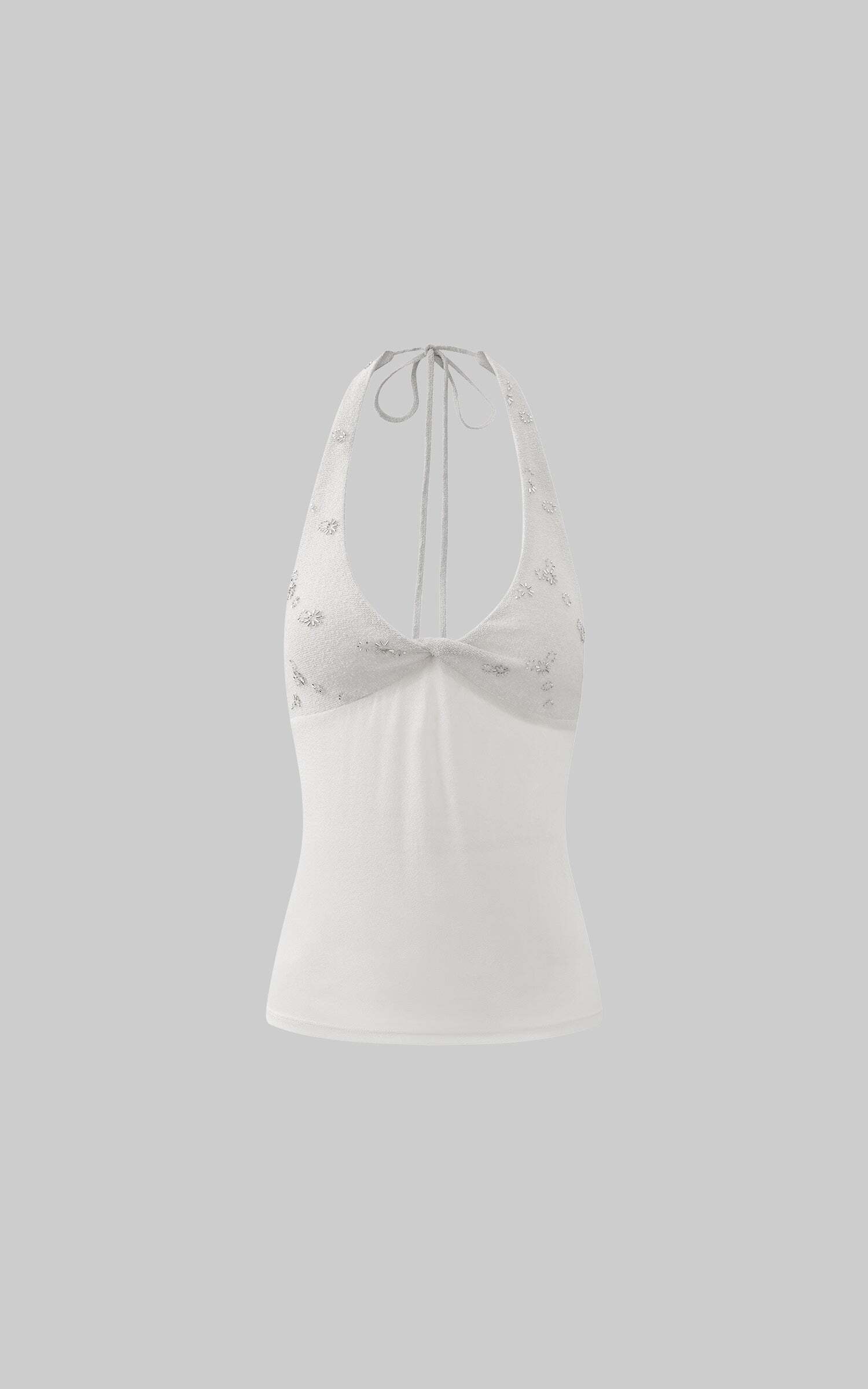 ROVENTE Embellished Halter Knit-Panel Top with Sheer Mesh Contrast ROVENTE Embellished Halter Knit-Panel Top with Sheer Mesh Contrast