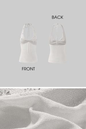 ROVENTE Embellished Halter Knit-Panel Top with Sheer Mesh Contrast