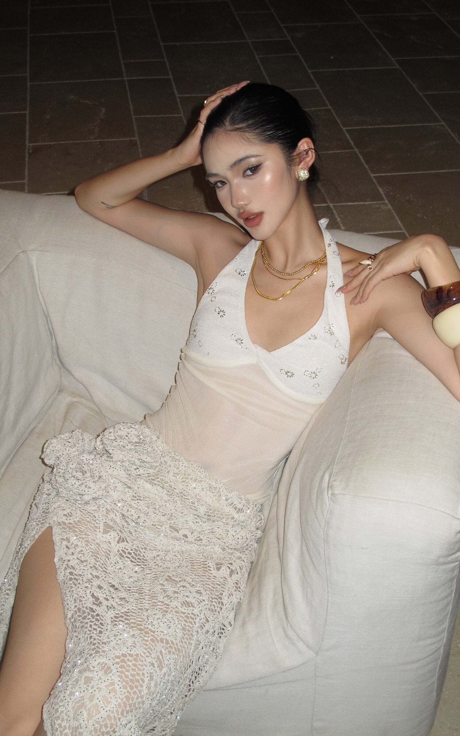 ROVENTE Embellished Halter Knit-Panel Top with Sheer Mesh Contrast ROVENTE Embellished Halter Knit-Panel Top with Sheer Mesh Contrast