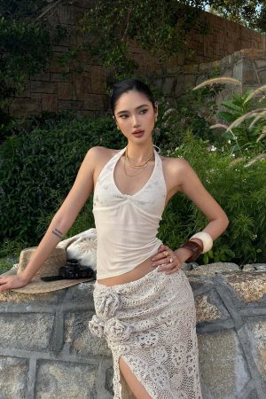 ROVENTE Embellished Halter Knit-Panel Top with Sheer Mesh Contrast