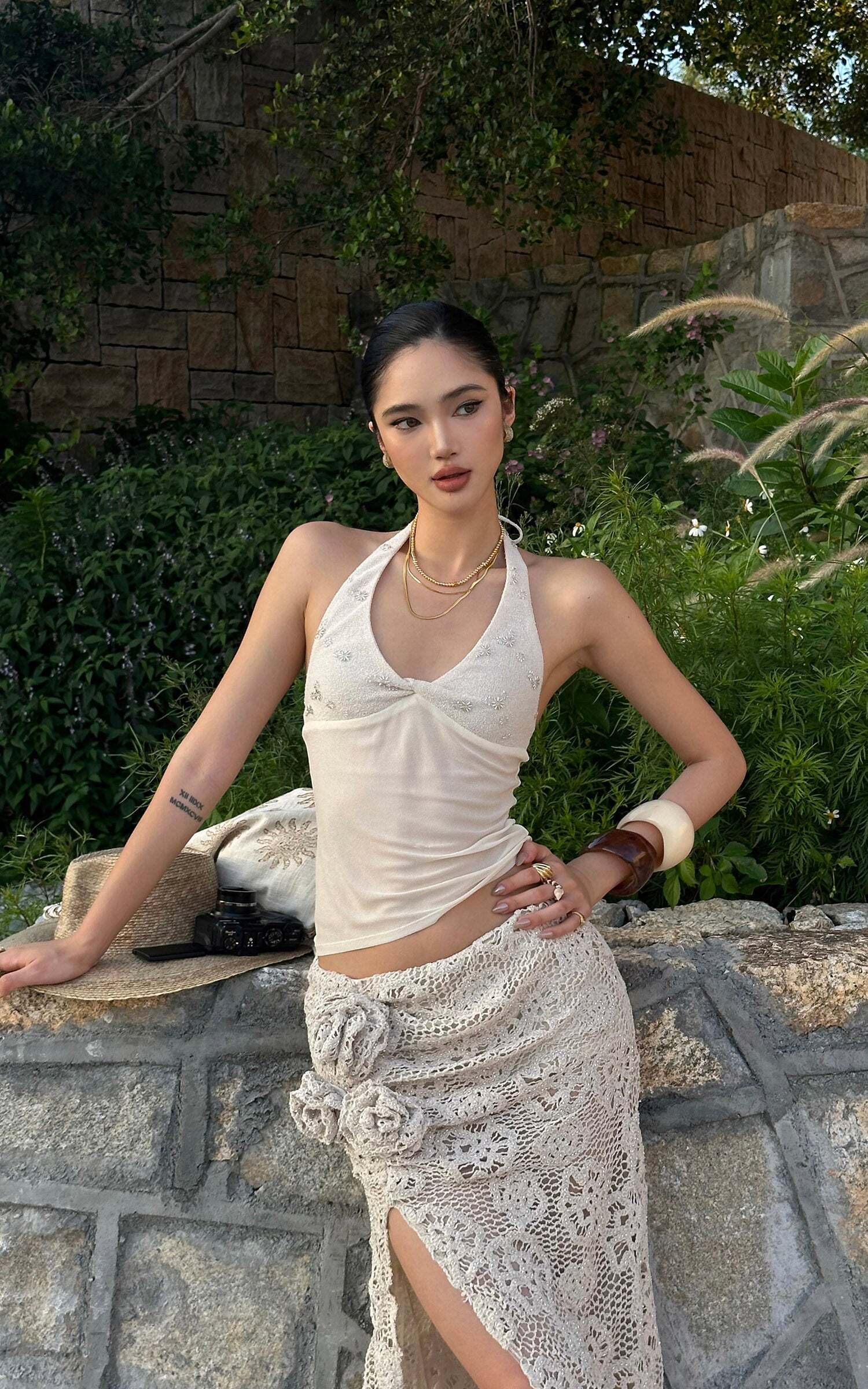 ROVENTE Embellished Halter Knit-Panel Top with Sheer Mesh Contrast ROVENTE Embellished Halter Knit-Panel Top with Sheer Mesh Contrast