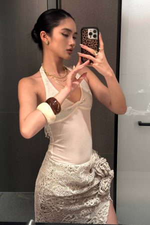 ROVENTE Embellished Halter Knit-Panel Top with Sheer Mesh Contrast