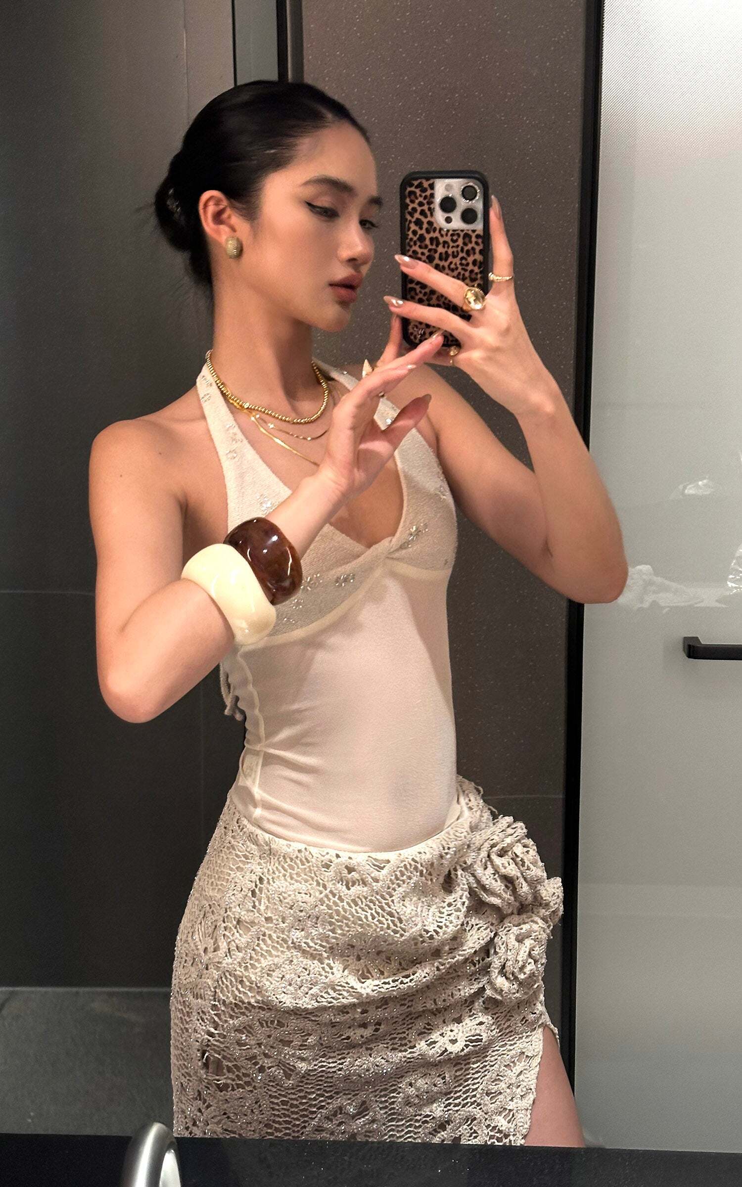 ROVENTE Embellished Halter Knit-Panel Top with Sheer Mesh Contrast ROVENTE Embellished Halter Knit-Panel Top with Sheer Mesh Contrast