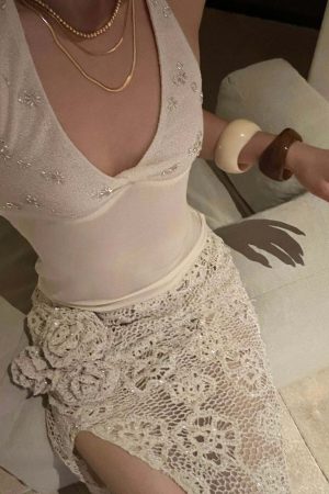 ROVENTE Embellished Halter Knit-Panel Top with Sheer Mesh Contrast