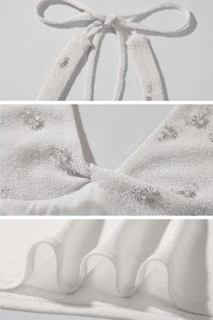 ROVENTE Embellished Halter Knit-Panel Top with Sheer Mesh Contrast