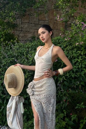 ROVENTE Embellished Halter Knit-Panel Top with Sheer Mesh Contrast