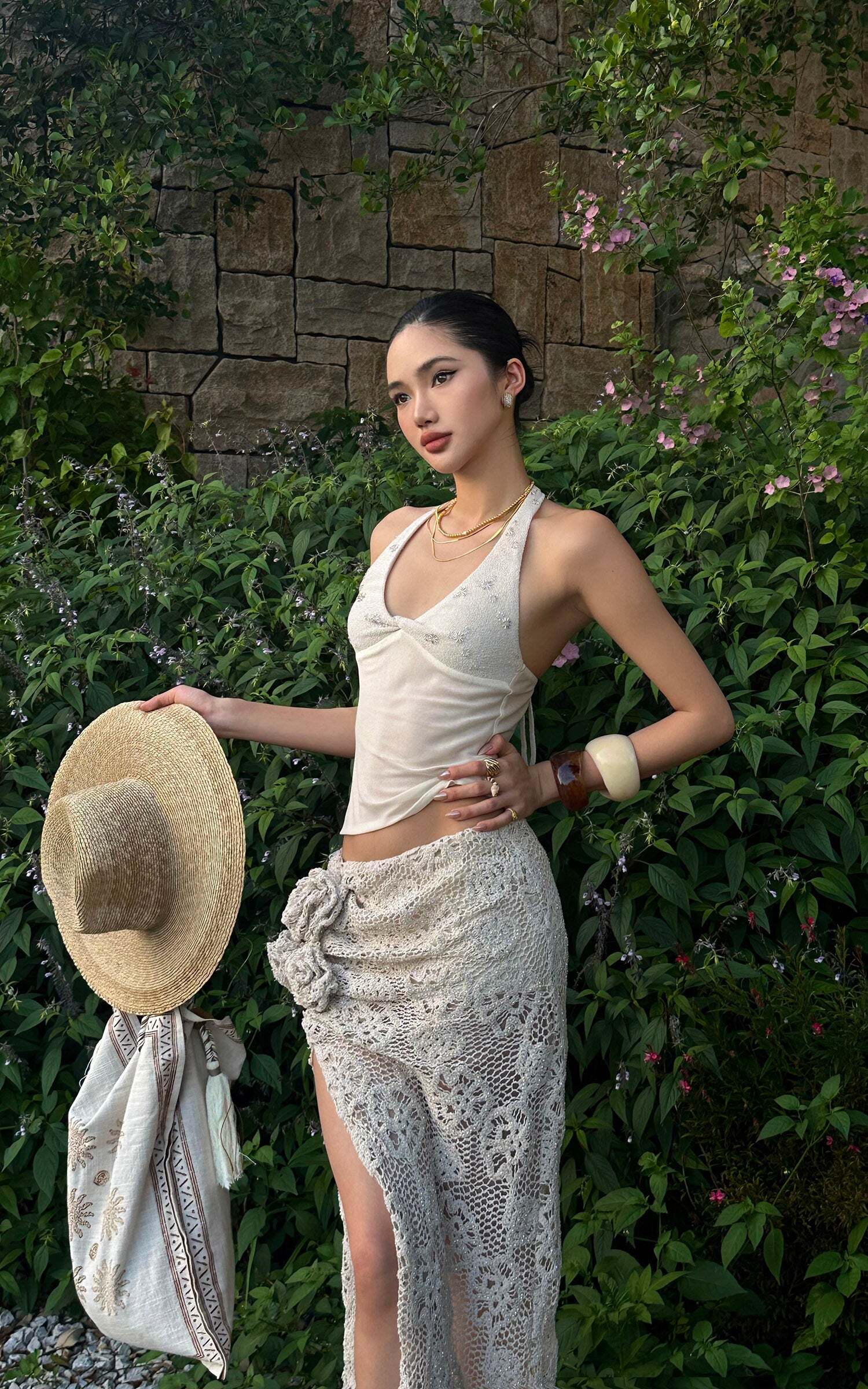 ROVENTE Embellished Halter Knit-Panel Top with Sheer Mesh Contrast ROVENTE Embellished Halter Knit-Panel Top with Sheer Mesh Contrast