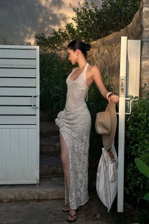 ROVENTE Embellished Halter Knit-Panel Top with Sheer Mesh Contrast