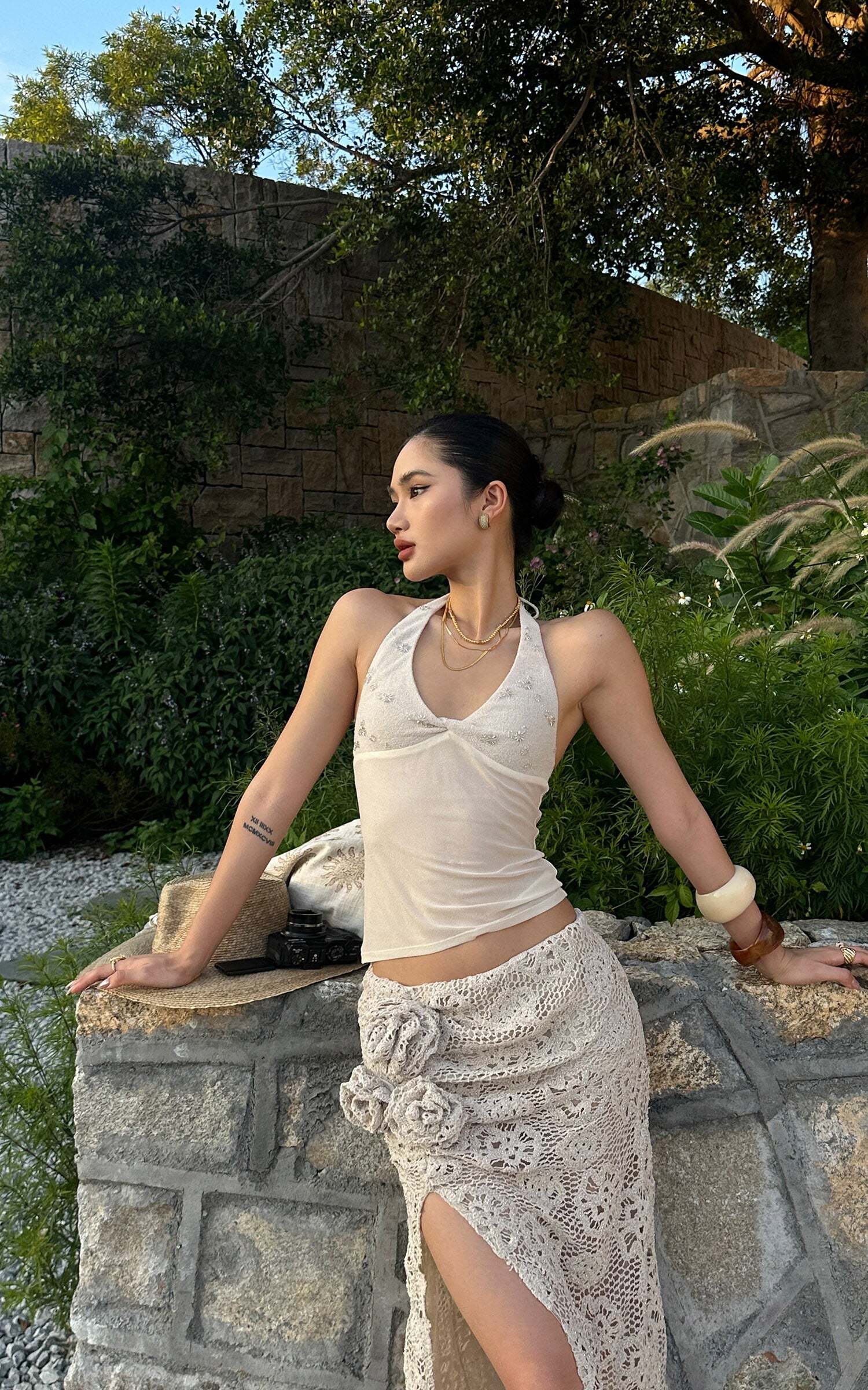 ROVENTE Embellished Halter Knit-Panel Top with Sheer Mesh Contrast ROVENTE Embellished Halter Knit-Panel Top with Sheer Mesh Contrast