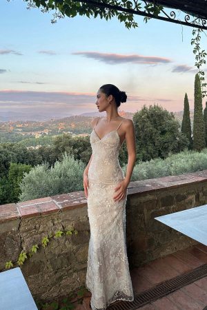 ROVENTE Embellished Lace Maxi Dress with Sequin Detail and Open Back