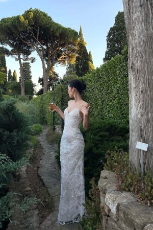 ROVENTE Embellished Lace Maxi Dress with Sequin Detail and Open Back