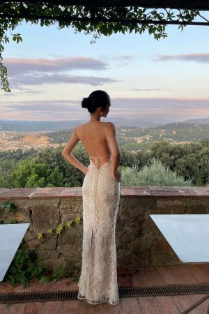 ROVENTE Embellished Lace Maxi Dress with Sequin Detail and Open Back