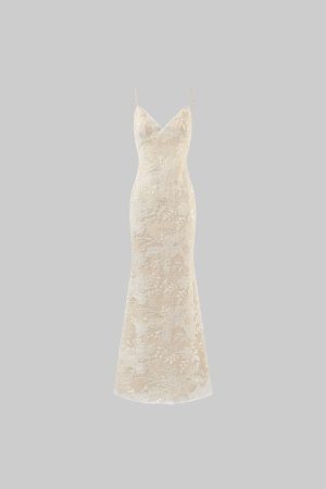 ROVENTE Embellished Lace Maxi Dress with Sequin Detail and Open Back