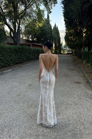 ROVENTE Embellished Lace Maxi Dress with Sequin Detail and Open Back