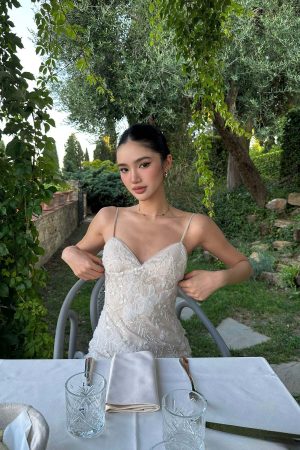 ROVENTE Embellished Lace Maxi Dress with Sequin Detail and Open Back