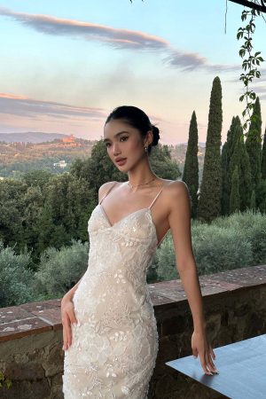 ROVENTE Embellished Lace Maxi Dress with Sequin Detail and Open Back