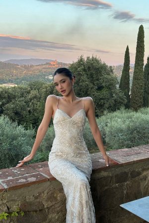 ROVENTE Embellished Lace Maxi Dress with Sequin Detail and Open Back