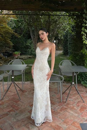 ROVENTE Embellished Lace Maxi Dress with Sequin Detail and Open Back