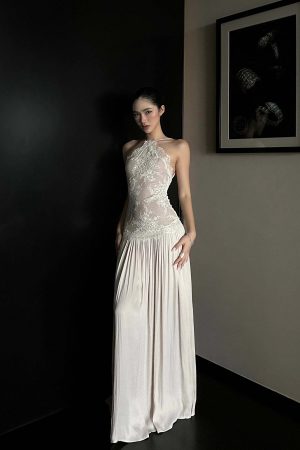 ROVENTE Embroidered Lace Halter Dress With Gathered Hem
