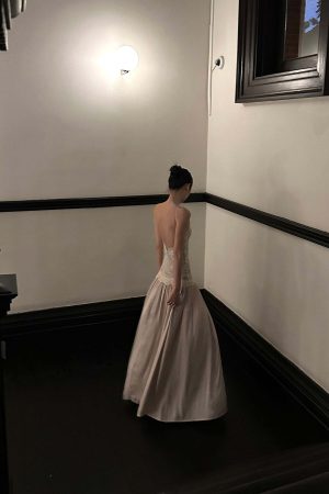 ROVENTE Embroidered Lace Halter Dress With Gathered Hem