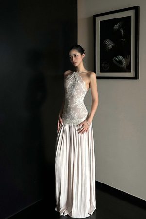 ROVENTE Embroidered Lace Halter Dress With Gathered Hem